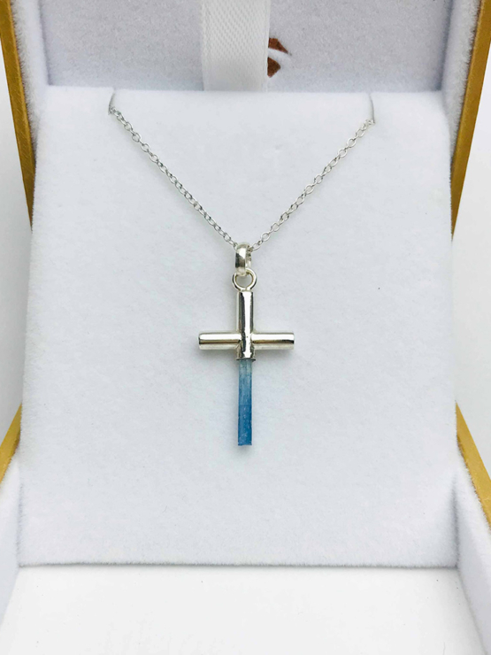 Aquamarine cross pendant necklace for girls