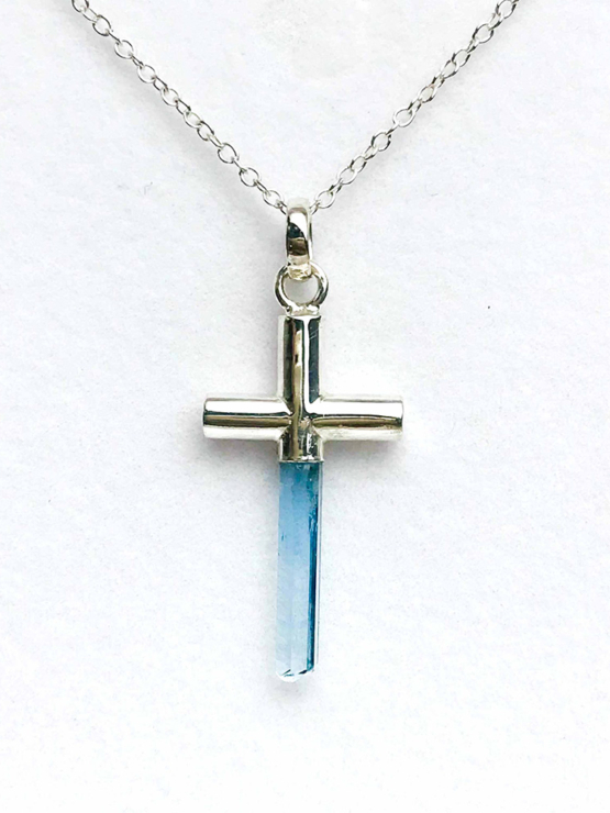 Aquamarine cross pendant necklace for girls