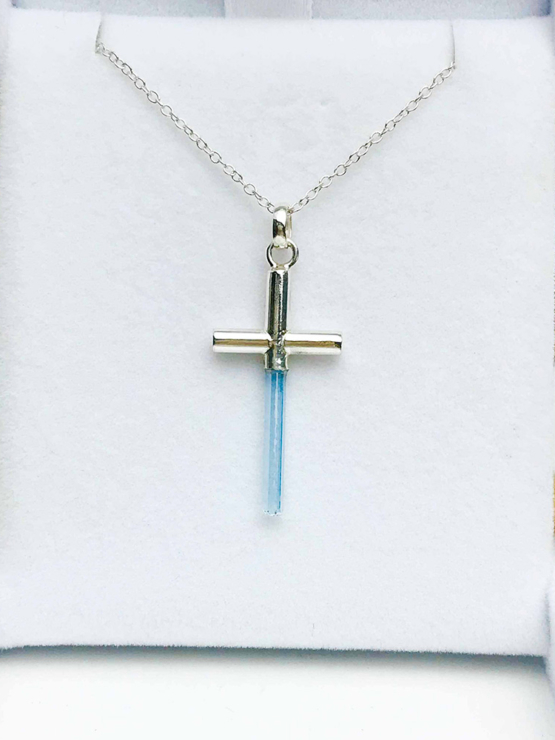 Aquamarine cross pendant necklace for girls