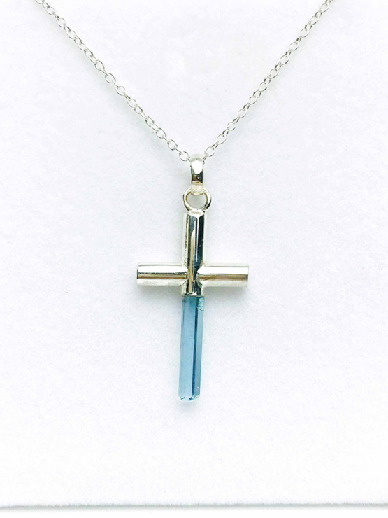 Aquamarine cross pendant necklace for girls