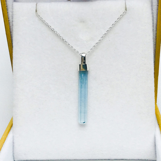 Terminated point aquamarine crystal pendant necklace