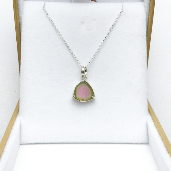 Watermelon tourmaline pendant necklace for girls raw watermelon tourmaline slice pendant