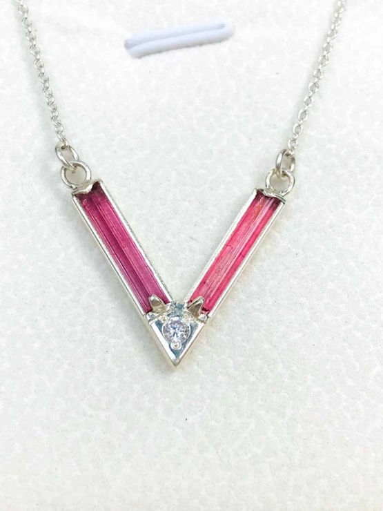 Pink tourmaline choker necklace for girls - Pink tourmaline V choker - V letter choker - Pink crystal choker