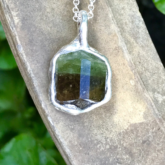 Bicolor tourmaline pendant necklace for girls raw bicolor tourmaline pendant