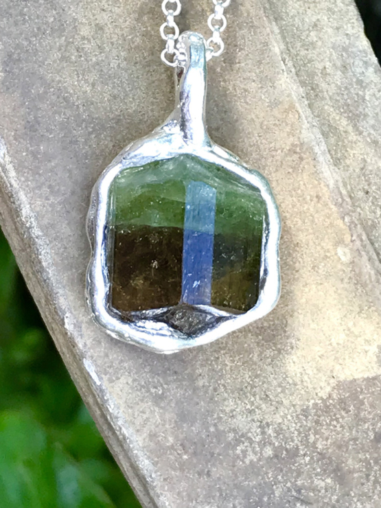 Bicolor tourmaline pendant necklace for girls raw bicolor tourmaline pendant