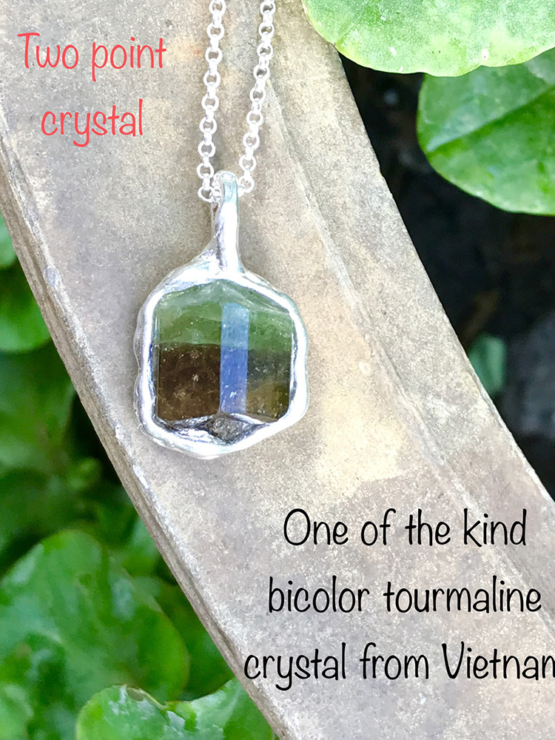 Bicolor tourmaline pendant necklace for girls raw bicolor tourmaline pendant