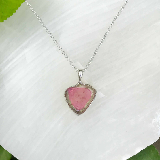 Watermelon tourmaline pendant necklace for girls - raw watermelon tourmaline slice pendant