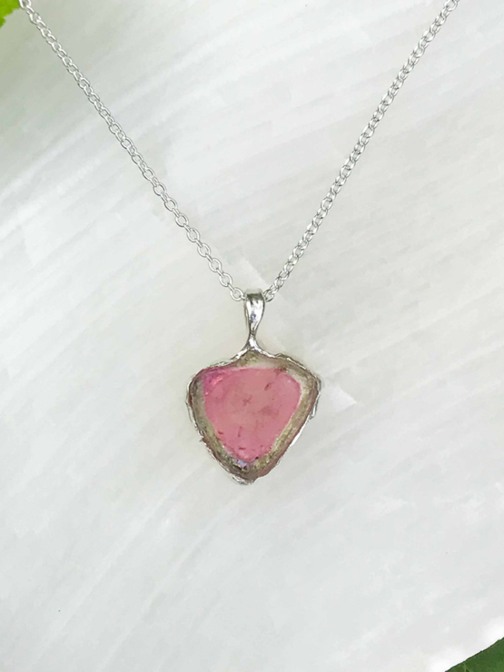 Watermelon tourmaline pendant necklace for girls - raw watermelon tourmaline slice pendant