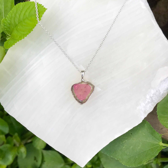 Watermelon tourmaline pendant necklace for girls - raw watermelon tourmaline slice pendant