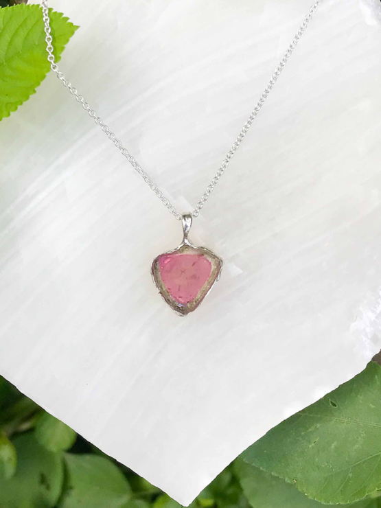 Watermelon tourmaline pendant necklace for girls - raw watermelon tourmaline slice pendant