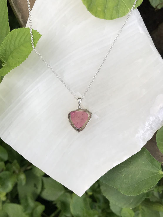 Watermelon tourmaline pendant necklace for girls - raw watermelon tourmaline slice pendant