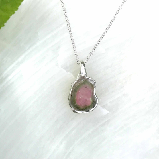 Watermelon tourmaline pendant necklace for girls - raw watermelon tourmaline slice pendant