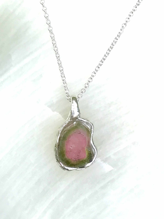 Watermelon tourmaline pendant necklace for girls - raw watermelon tourmaline slice pendant