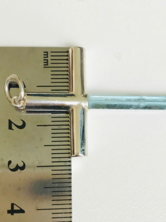 Aquamarine cross pendant- Long aquamarine crystal mounted in a sterling silver cross pendant