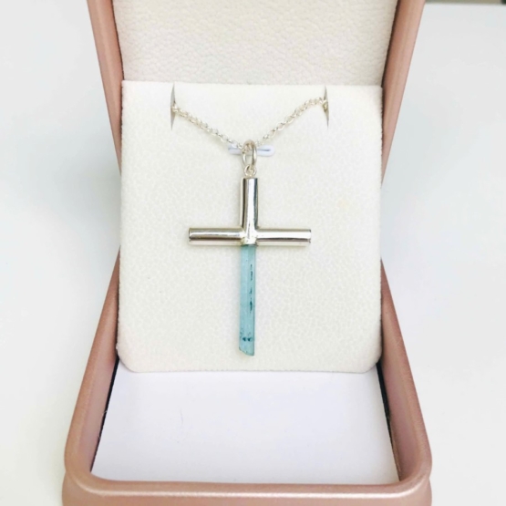Aquamarine cross pendant- Long aquamarine crystal mounted in a sterling silver cross pendant