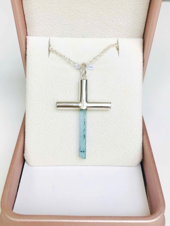 Aquamarine cross pendant- Long aquamarine crystal mounted in a sterling silver cross pendant