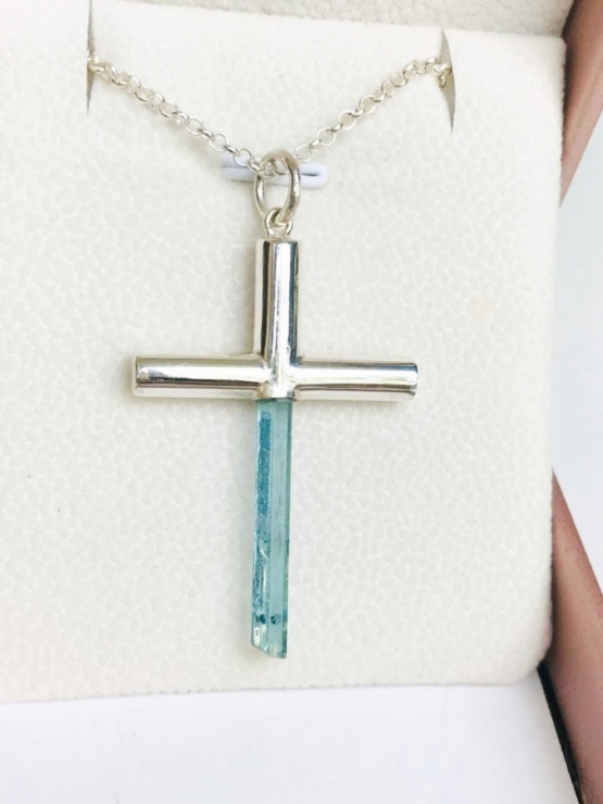 Aquamarine cross pendant- Long aquamarine crystal mounted in a sterling silver cross pendant