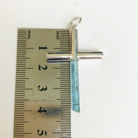 Aquamarine cross pendant- Long aquamarine crystal mounted in a sterling silver cross pendant