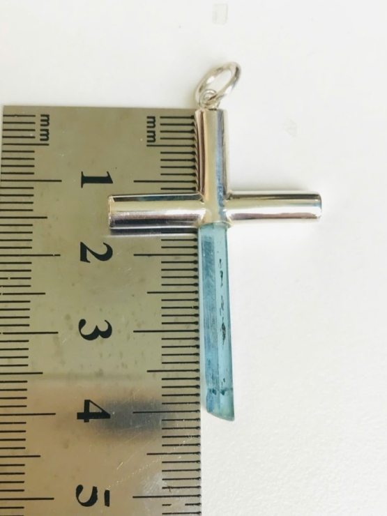 Aquamarine cross pendant- Long aquamarine crystal mounted in a sterling silver cross pendant