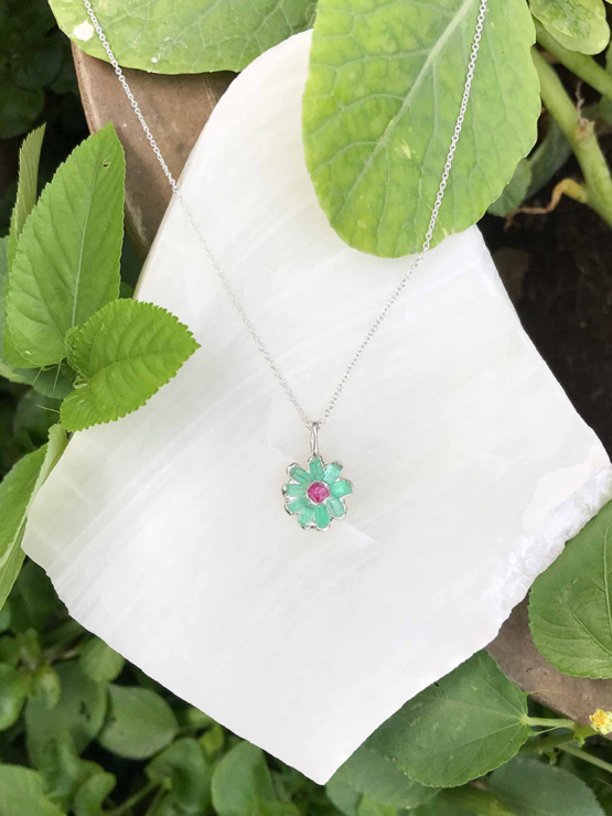 Emerald flower pendant necklace for her May birthstone for her