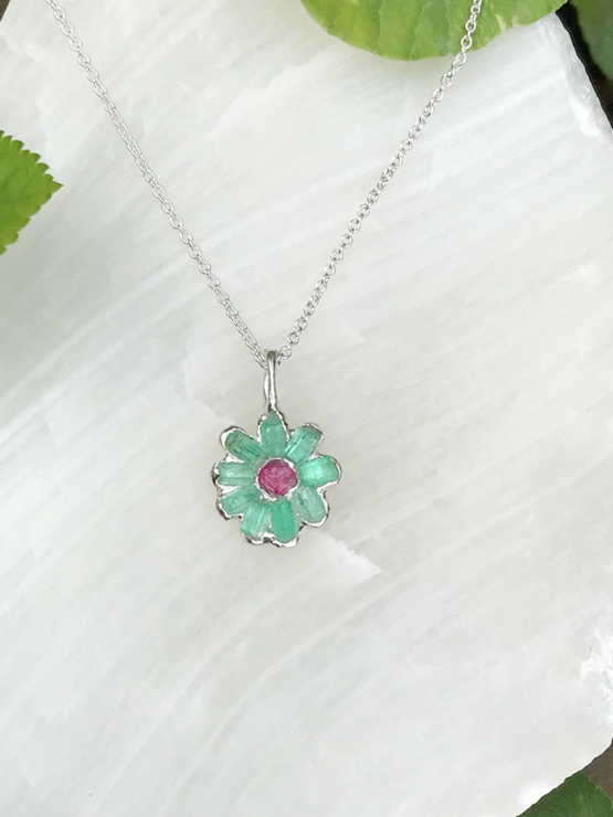 Emerald flower pendant necklace for her May birthstone for her