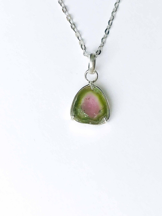 Watermelon tourmaline pendant necklace for girls - raw watermelon tourmaline slice pendant