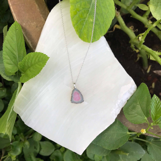Watermelon tourmaline pendant necklace for girls - raw watermelon tourmaline slice pendant