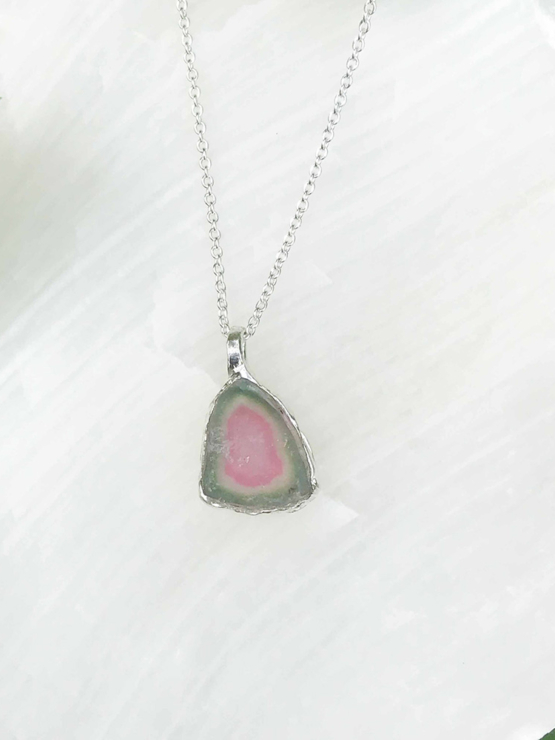 Watermelon tourmaline pendant necklace for girls - raw watermelon tourmaline slice pendant