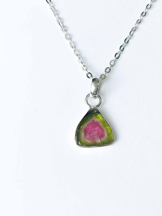 Watermelon tourmaline pendant necklace for girls - raw watermelon tourmaline slice pendant