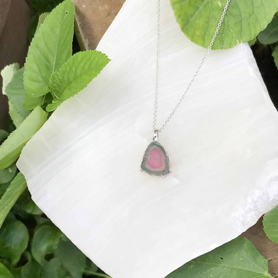 Watermelon tourmaline pendant necklace for girls - raw watermelon tourmaline slice pendant