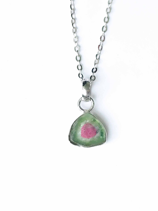 Watermelon tourmaline pendant necklace for girls - raw watermelon tourmaline slice pendant