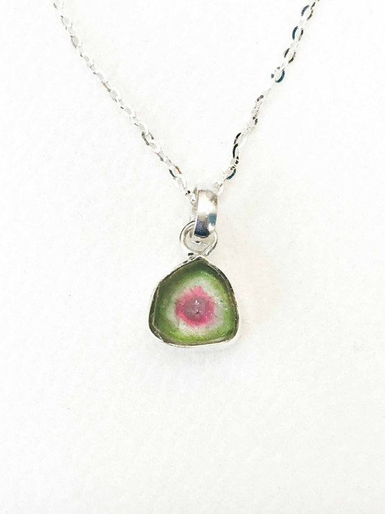 Watermelon tourmaline pendant necklace for girls - raw watermelon tourmaline slice pendant