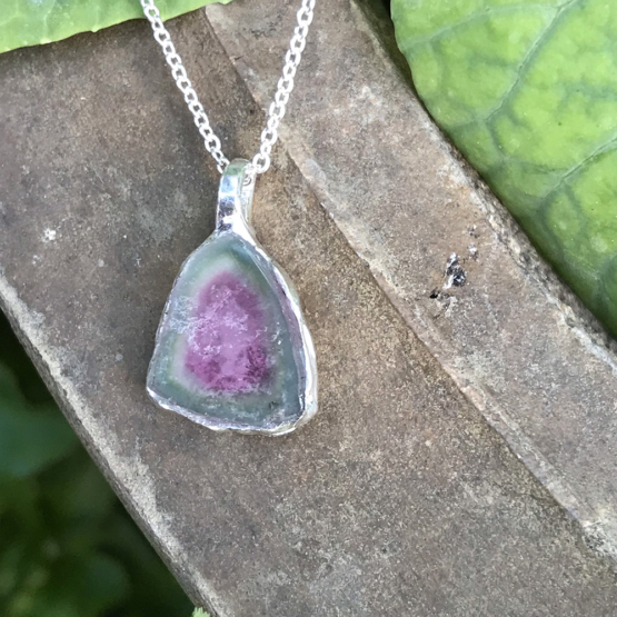 Watermelon tourmaline pendant necklace for girls - raw watermelon tourmaline slice pendant