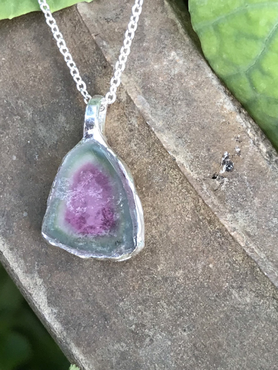 Watermelon tourmaline pendant necklace for girls - raw watermelon tourmaline slice pendant
