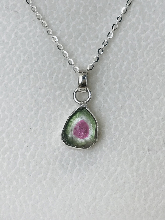 Watermelon tourmaline pendant necklace for girls - raw watermelon tourmaline slice pendant