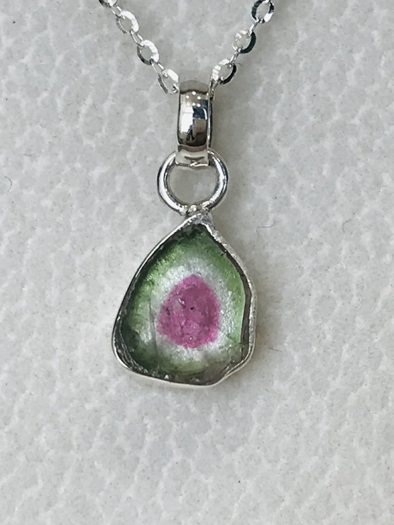 Watermelon tourrmaline pendant necklace for girls - raw watermelon tourmaline slice pendant
