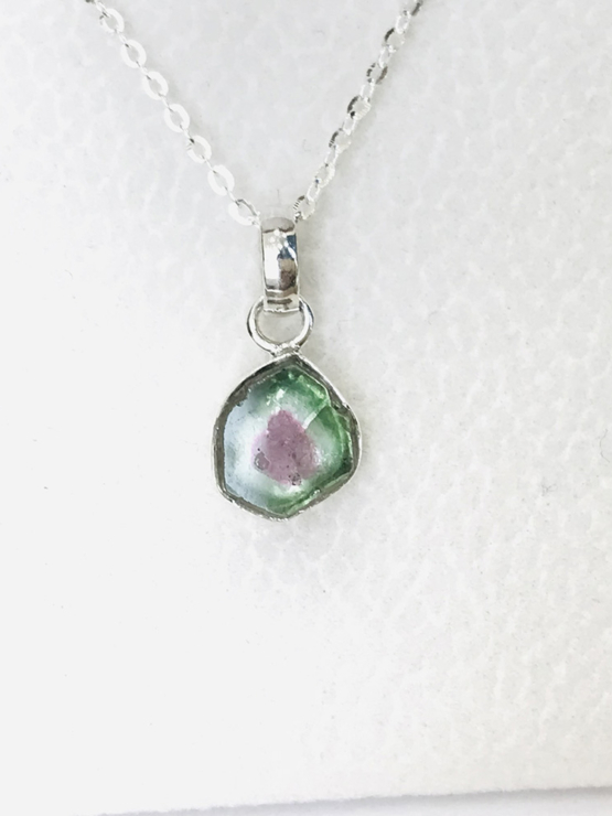 Watermelon tourmaline pendant necklace for girls - raw watermelon tourmaline slice pendant