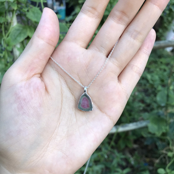 Watermelon tourmaline pendant necklace for girls - raw watermelon tourmaline slice pendant