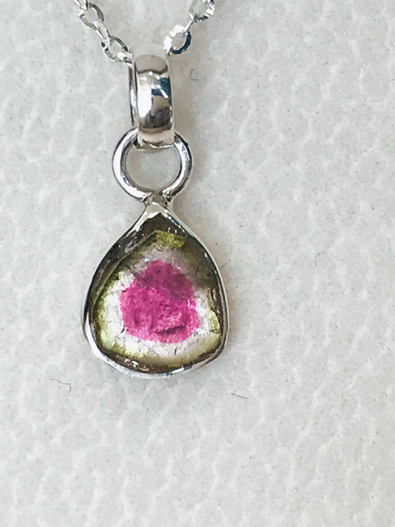 Watermelon tourmaline pendant necklace for girls - raw watermelon tourmaline slice pendant