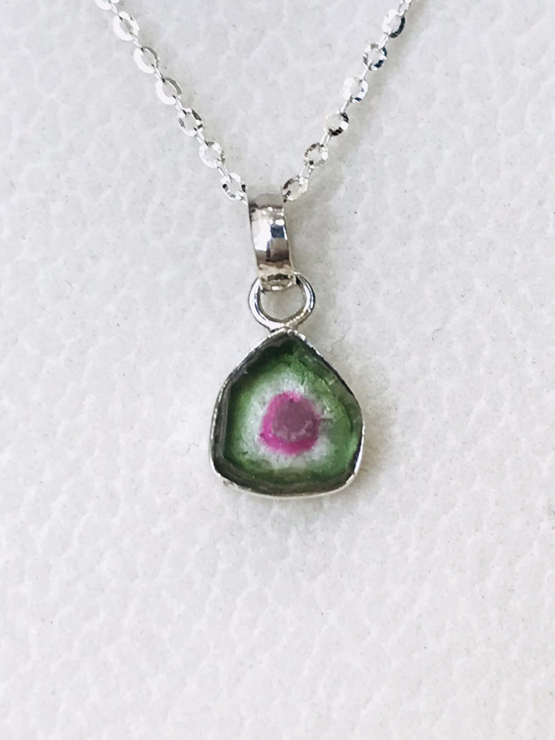 Watermelon tourmaline pendant necklace for girls - raw watermelon tourmaline slice pendant