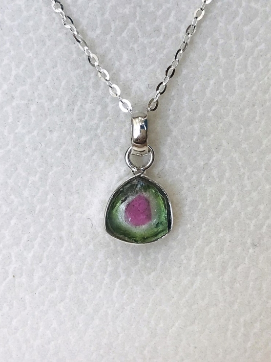 Watermelon tourmaline pendant necklace for girls - raw watermelon tourmaline slice pendant