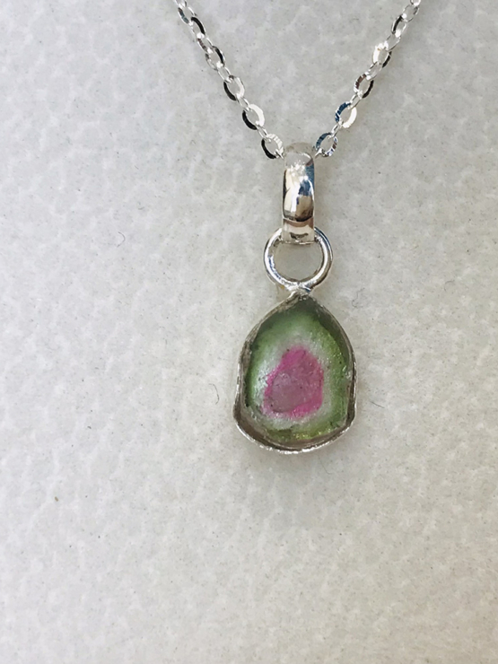 Watermelon tourmaline pendant necklace for girls - raw watermelon tourmaline slice pendant