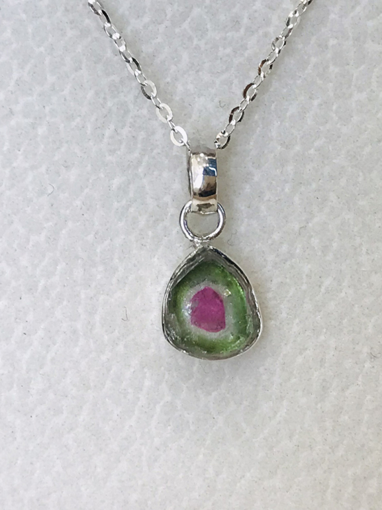 Watermelon tourmaline pendant necklace for girls - raw watermelon tourmaline slice pendant