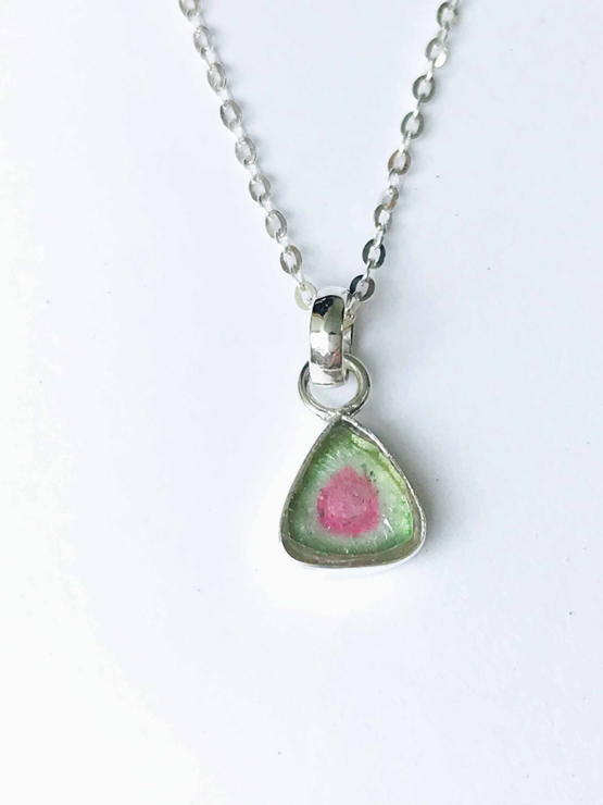 Watermelon tourmaline pendant necklace for girls - raw watermelon tourmaline slice pendant