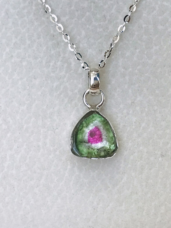 Watermelon tourmaline pendant necklace for girls - raw watermelon tourmaline slice pendant