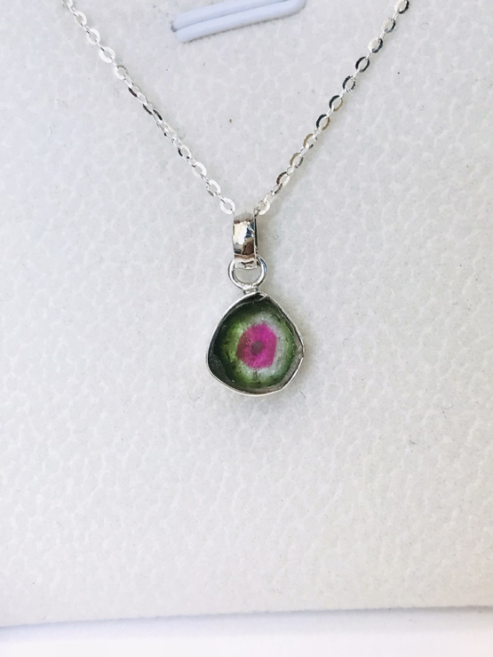 Watermelon tourmaline pendant necklace for girls - raw watermelon tourmaline slice pendant