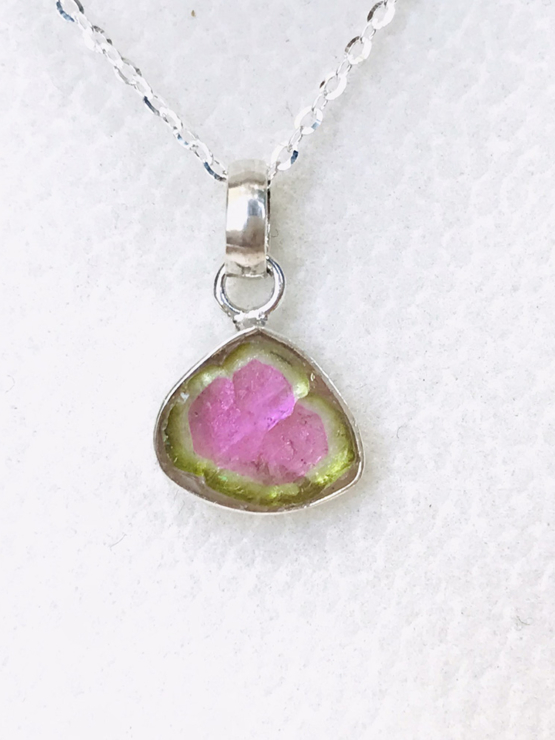 Watermelon tourmaline pendant necklace for girls - raw watermelon tourmaline slice pendant