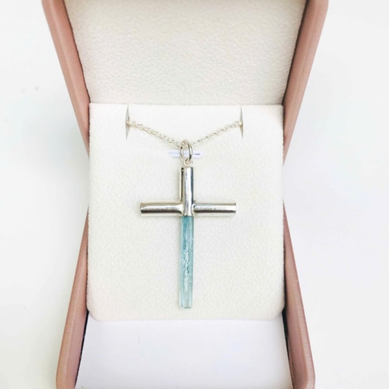 Aquamarine cross pendant- Long aquamarine crystal mounted in a sterling silver cross pendant