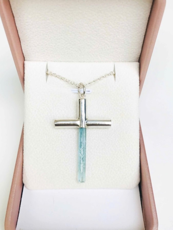 Aquamarine cross pendant- Long aquamarine crystal mounted in a sterling silver cross pendant