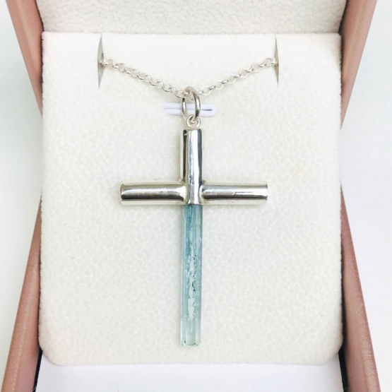 Aquamarine cross pendant- Long aquamarine crystal mounted in a sterling silver cross pendant